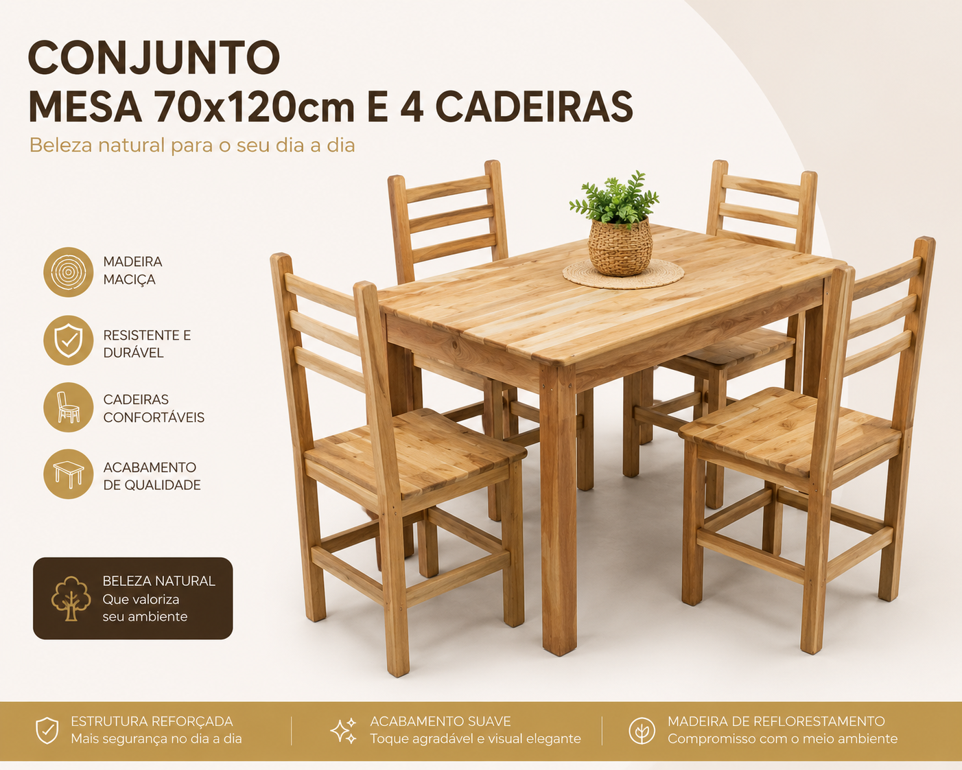 Conjunto de Mesa Só Mesas com 4 Cadeiras 1,20 x 0,80 — Madeira