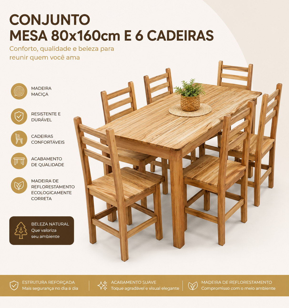 Conjunto de Mesa Só Mesa com 6 Cadeiras 1,60 x 0,80 — Madeira