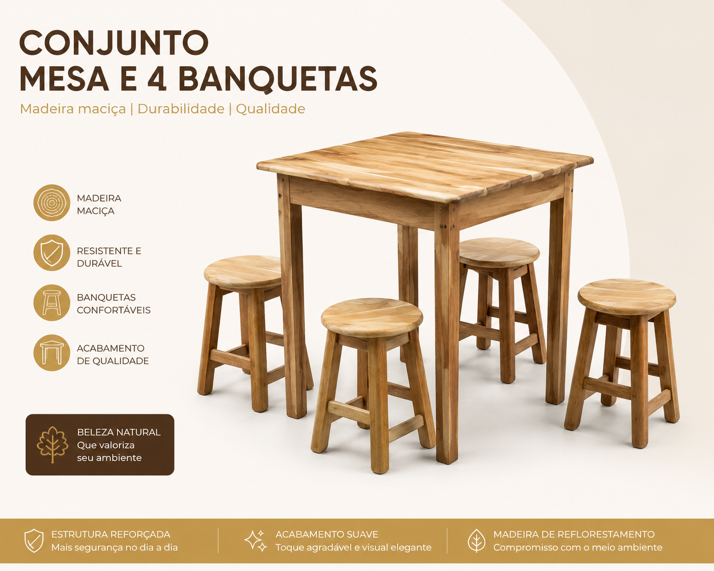 Conjunto de Mesa Só Mesa 70 x 70 com 4 Banquetas Fixas — Madeira