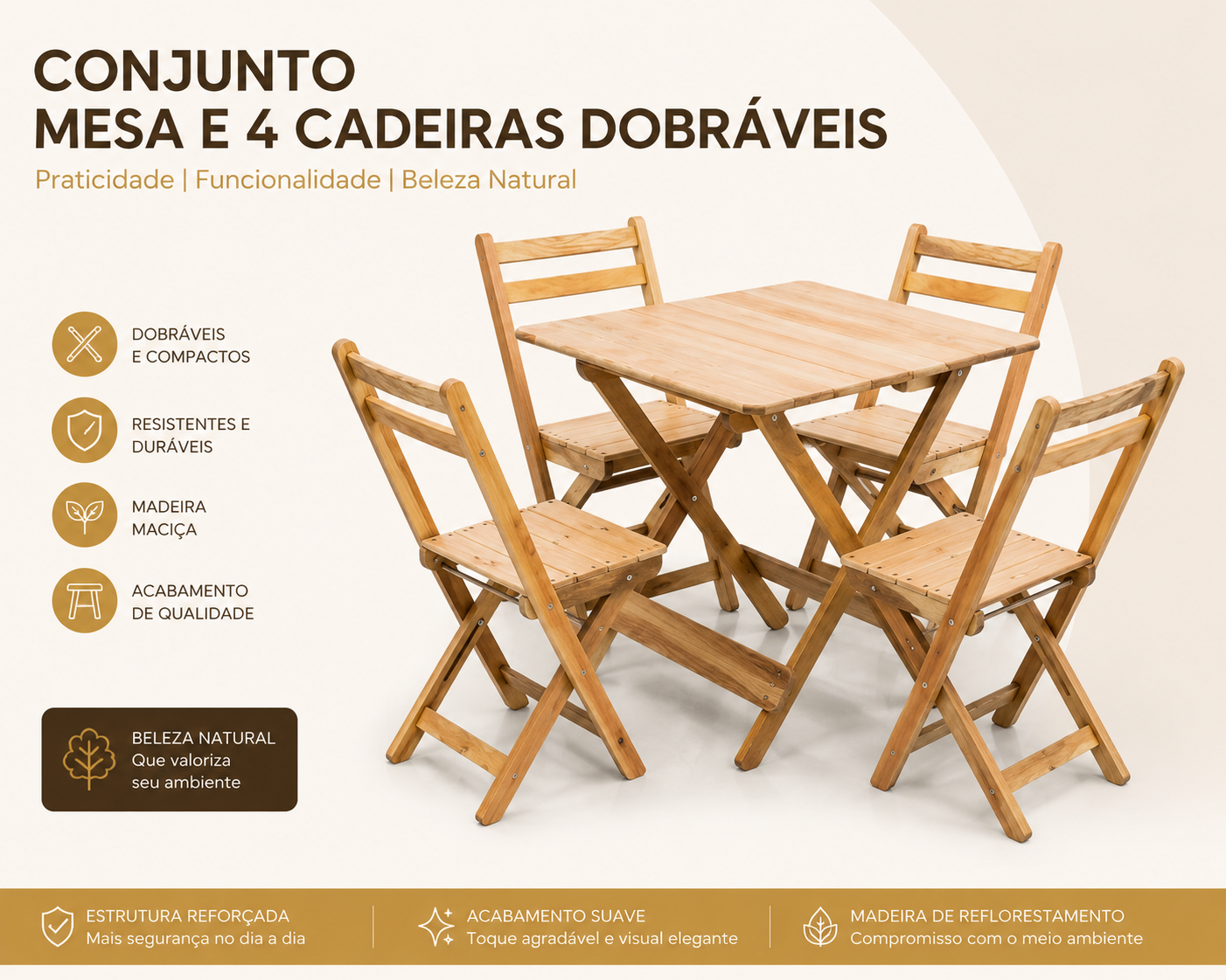 Conjunto de Mesa Dobráveis Só Mesa 70x70  com 4 Cadeiras  Dobráveis — Madeira