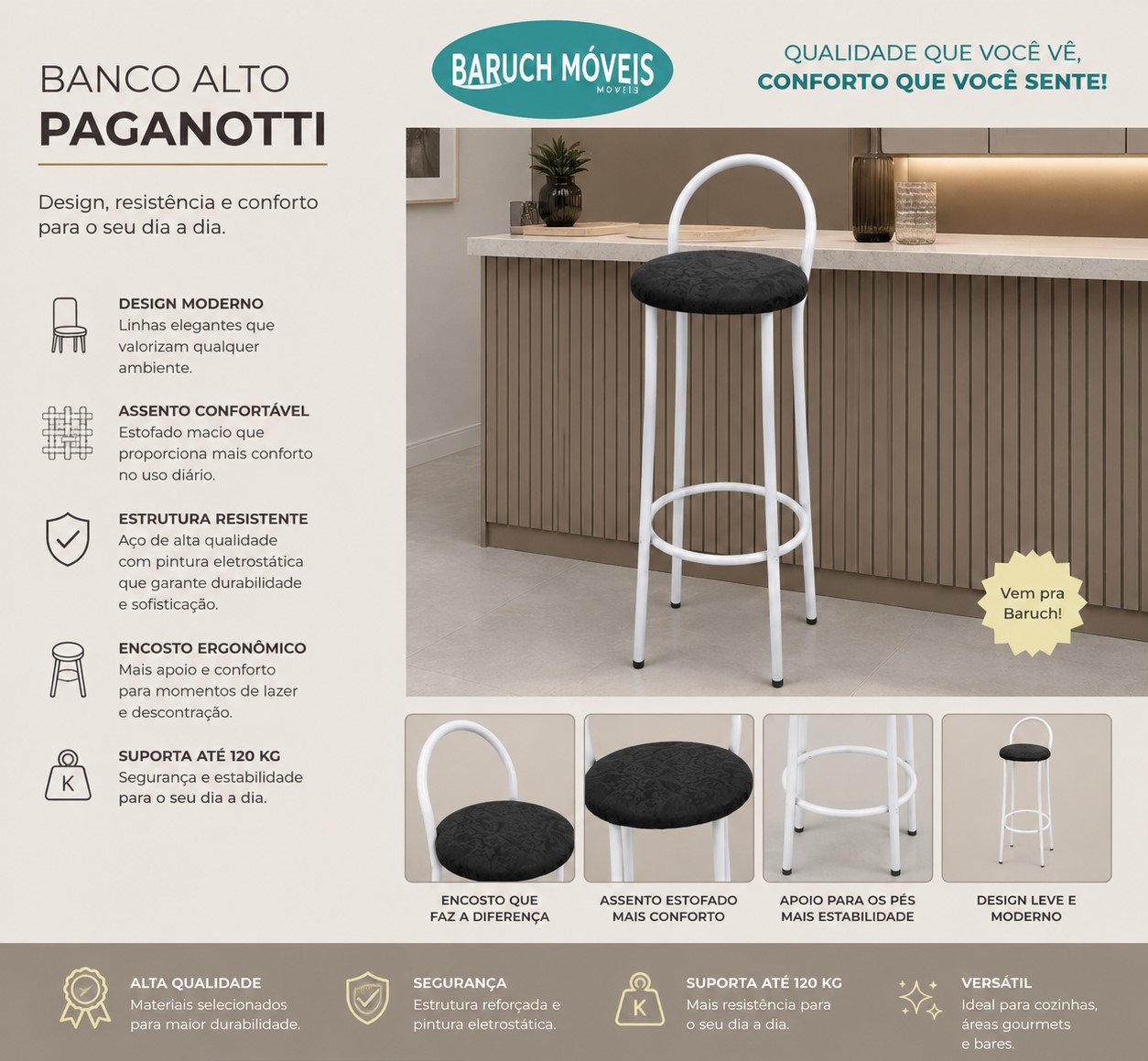 Banqueta Alta de Aço Paganotti — Branca
