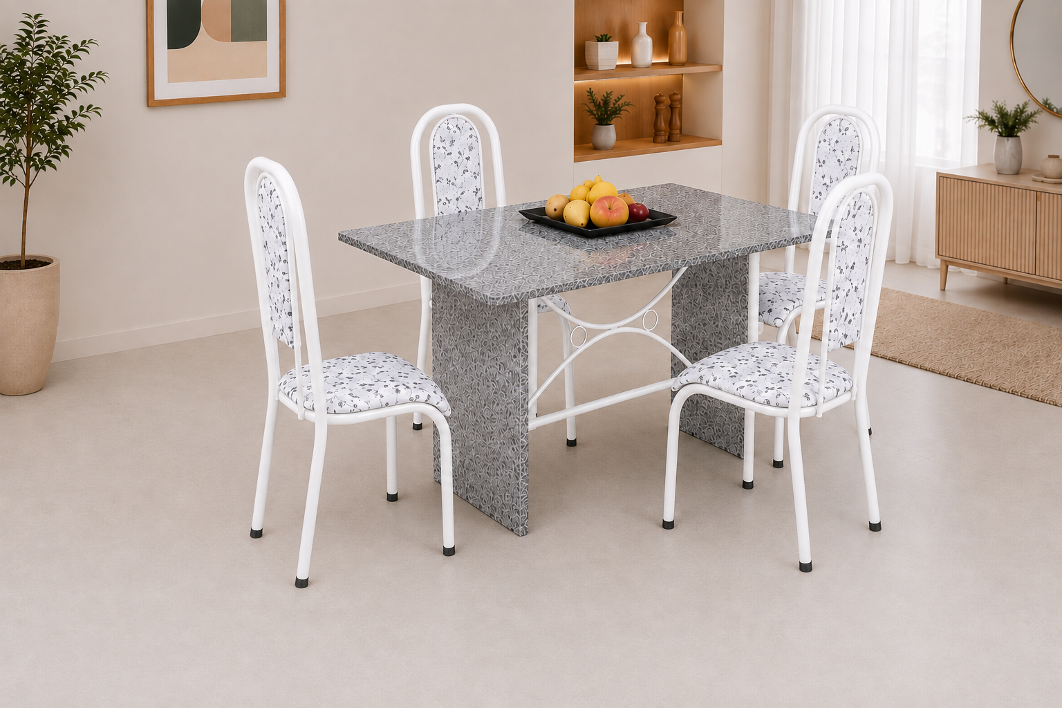 Conjunto de Mesa Quality Zurik 1,20m perna pedra c/encosto — Branca