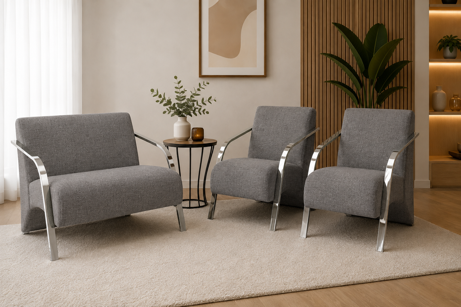 Conjunto de Poltronas Quinestofados Gabriela (1 Namoradeira + 2 Poltronas) — Linho